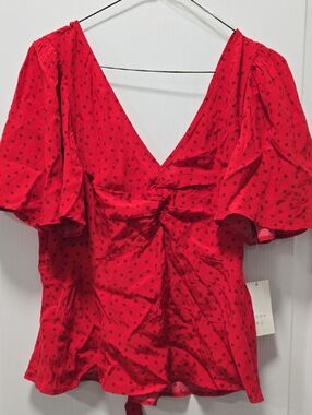 a new day Red Polka Dot V-Neck Tie-Front Blouse with Puff Sleeves